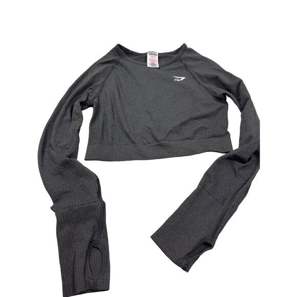 Gymshark Womens Medium Gray Long Sleeve Crop Top Thumb Holes Nylon Workout Gear - Picture 1 of 11